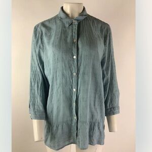 J Jill Sz XL Oversized Button Top Teal Green 100% Cotton 3/4 Sleeve Blouse